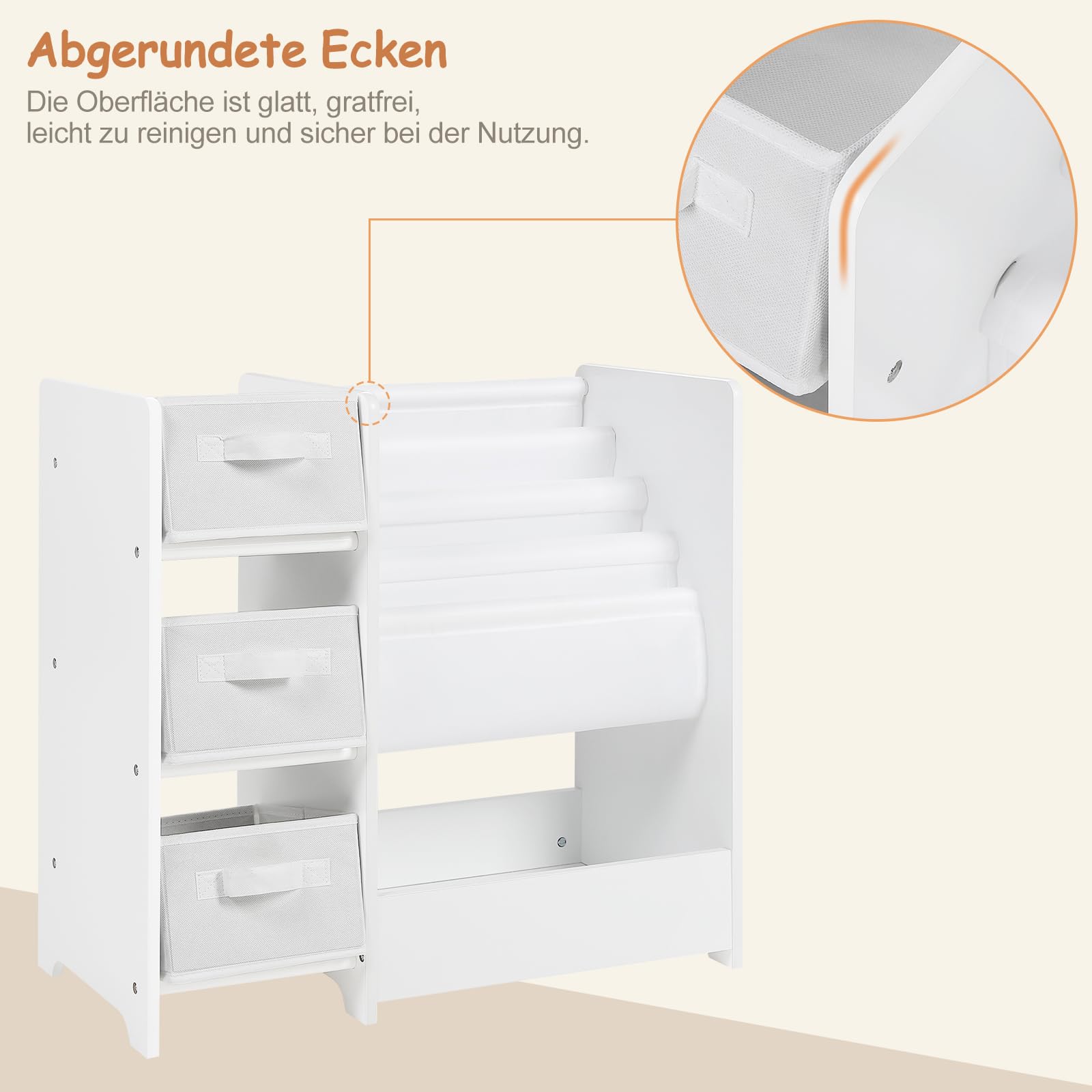 Lestarain Kinderzimmerregal, Spielzeug-Organizer, Regal für Kinderzimmer Spielzimmer, mit 3 Aufbewahrungsboxen 4 Hängefächern 1 Fach, aus Massivholz MDF, Weiß, 65x60x30 cm (BxHxT)