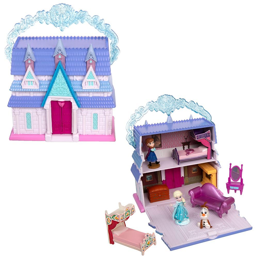 DISNEY STORE Official Frozen Castle Micro Play Set, Micro Toy Set Includes Elsa, Anna & Olaf Micro Figures, Travel Toy Portable Playset with Handle, Travel Toys with Surprise Reveals