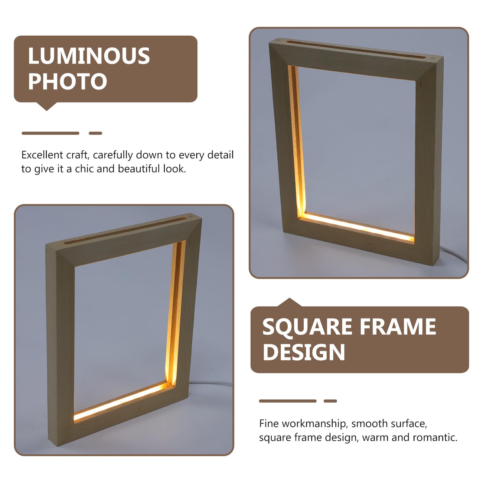 Marco de Fotos Luminoso LED 3D Luz Cálida Marco de Madera Maciza 230X170 MM Soporte Creativo para Fotos Decorativas Luz Nocturna Pequeña para Hogar y Oficina