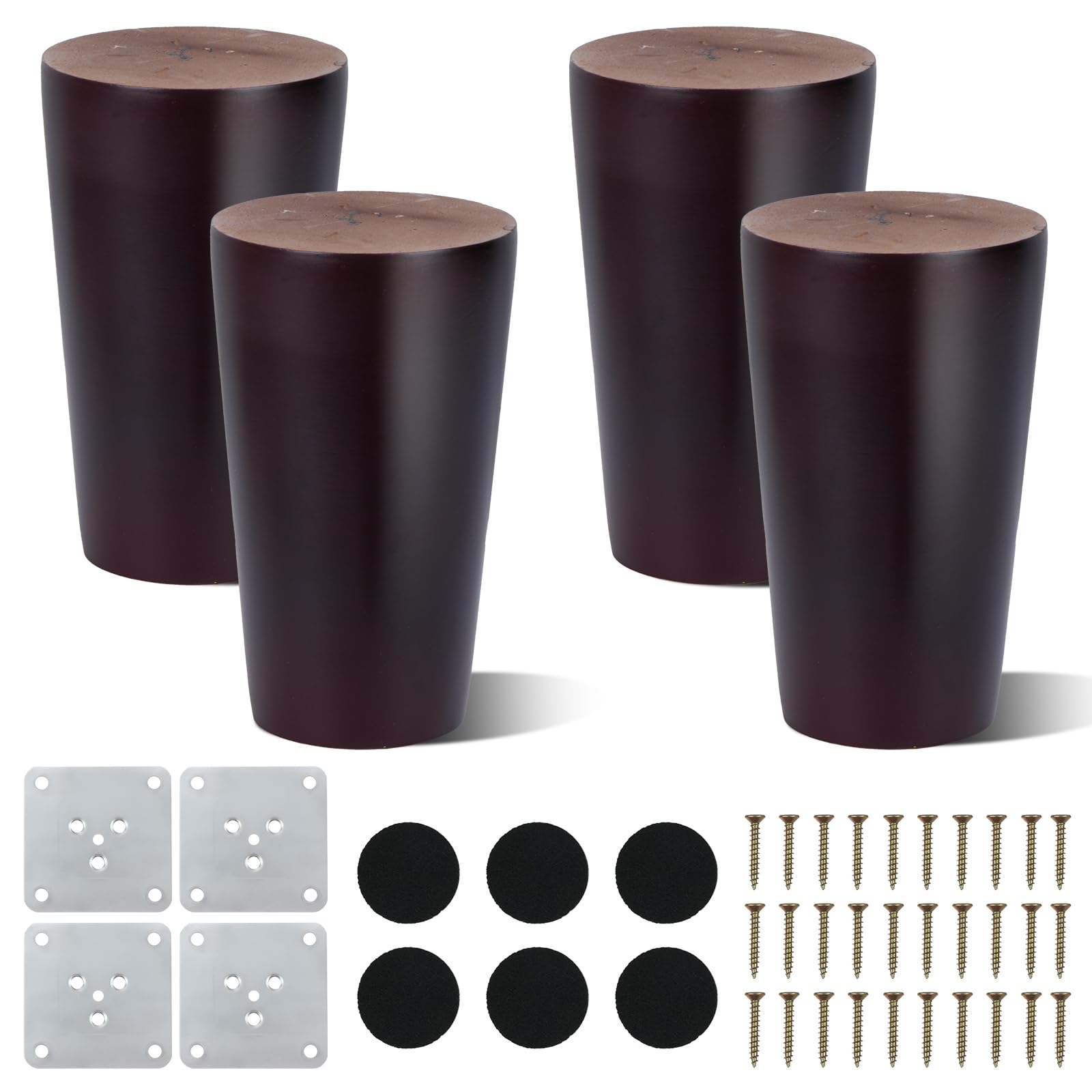4 Pezzi Gambe per Mobili in Legno 8 cm Conico Piedini per Mobili in Legno Massello Ricambio Parti di Mobili Rotondi per Divano Letto Tavolo Sedia con Piastra di Montaggio,Pad Antiscivolo,Viti
