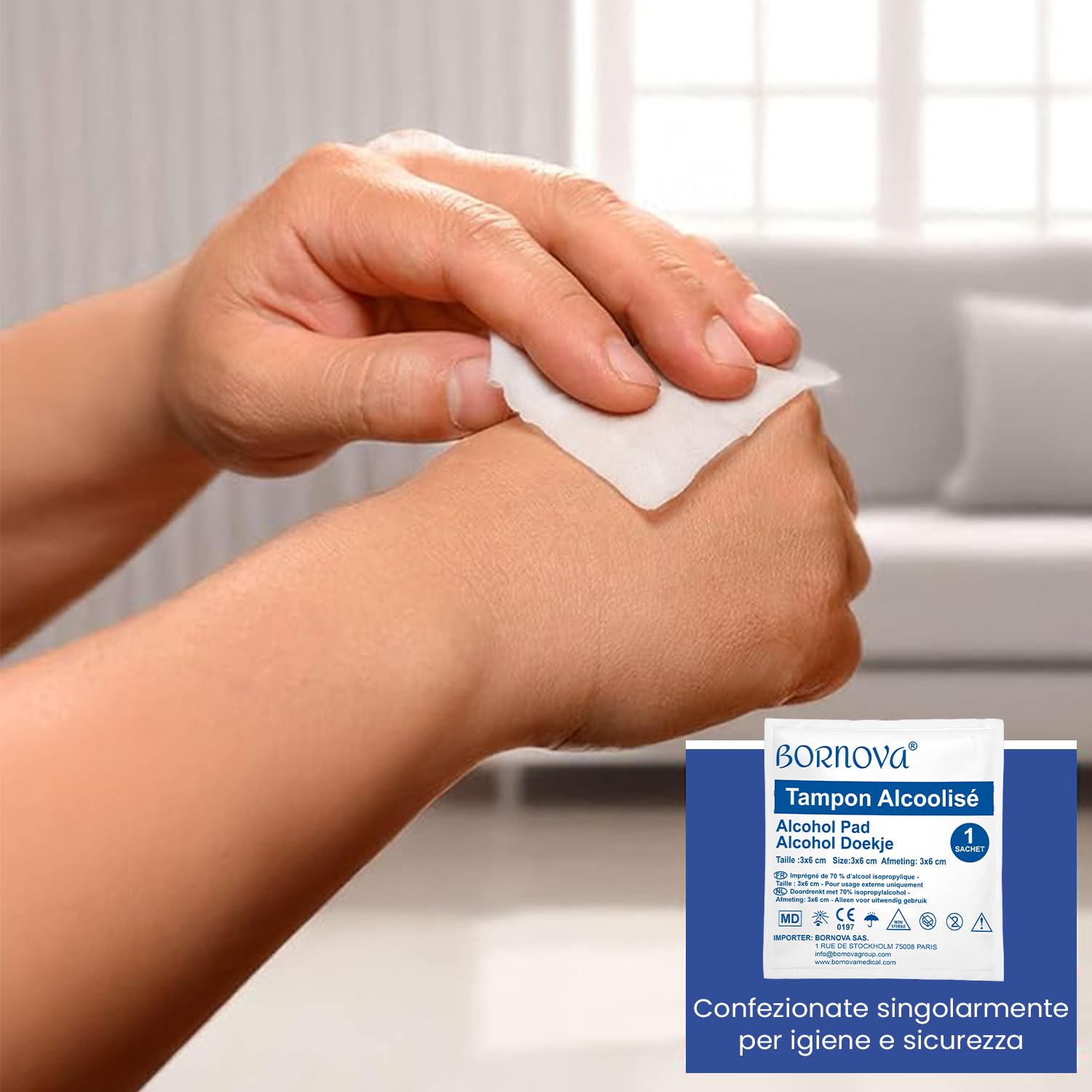 100 PZ – Tamponi impregnati alc.70 – Salvietta 3x6 cm per pulizia della pelle e degli oggetti – Monouso – BORNOVA