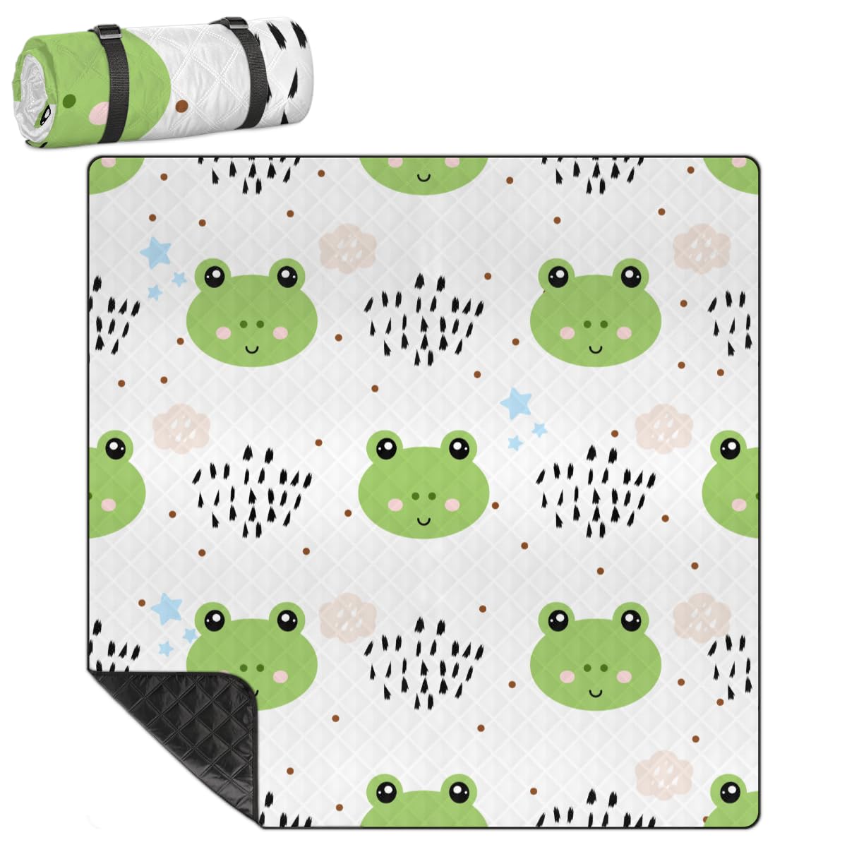 Shimoshe Extra Large Picnic Blankets 79”x 79”, Cartoon Frog Waterproof Foldable Picnic Mat with Straps Portable Beach Blanket for Camping Park Grass Beach Indoor