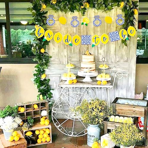 Image of Lemon Bridal Shower Decorations Capri Lemon Engagement Banner Blue Tiles And Lemon Bride to Be Banner Fruit Lemon Theme Bachelorette Party Decorations