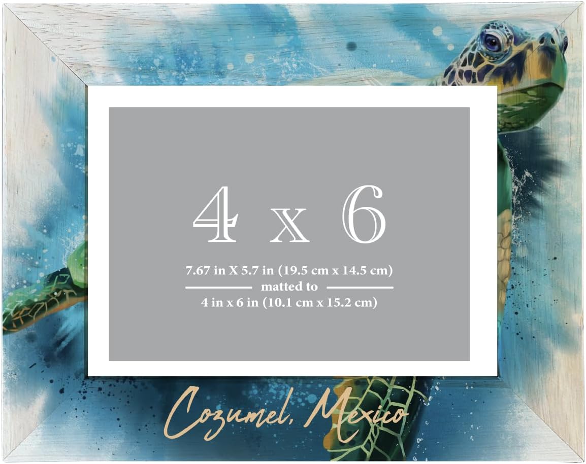 R and R Imports Cozumel Mexico Souvenir Wooden Photo Frame Turtle Design Matted to 4 x 6
