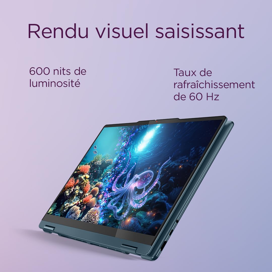 Lenovo Yoga 7 2-in-1 14AKP10 Ordinateur Portable 14" OLED AMD Ryzen AI 5 340 RAM 16Go SSD 512Go AMD Radeon 840M Windows 11 Home Clavier AZERTY Tidal Teal