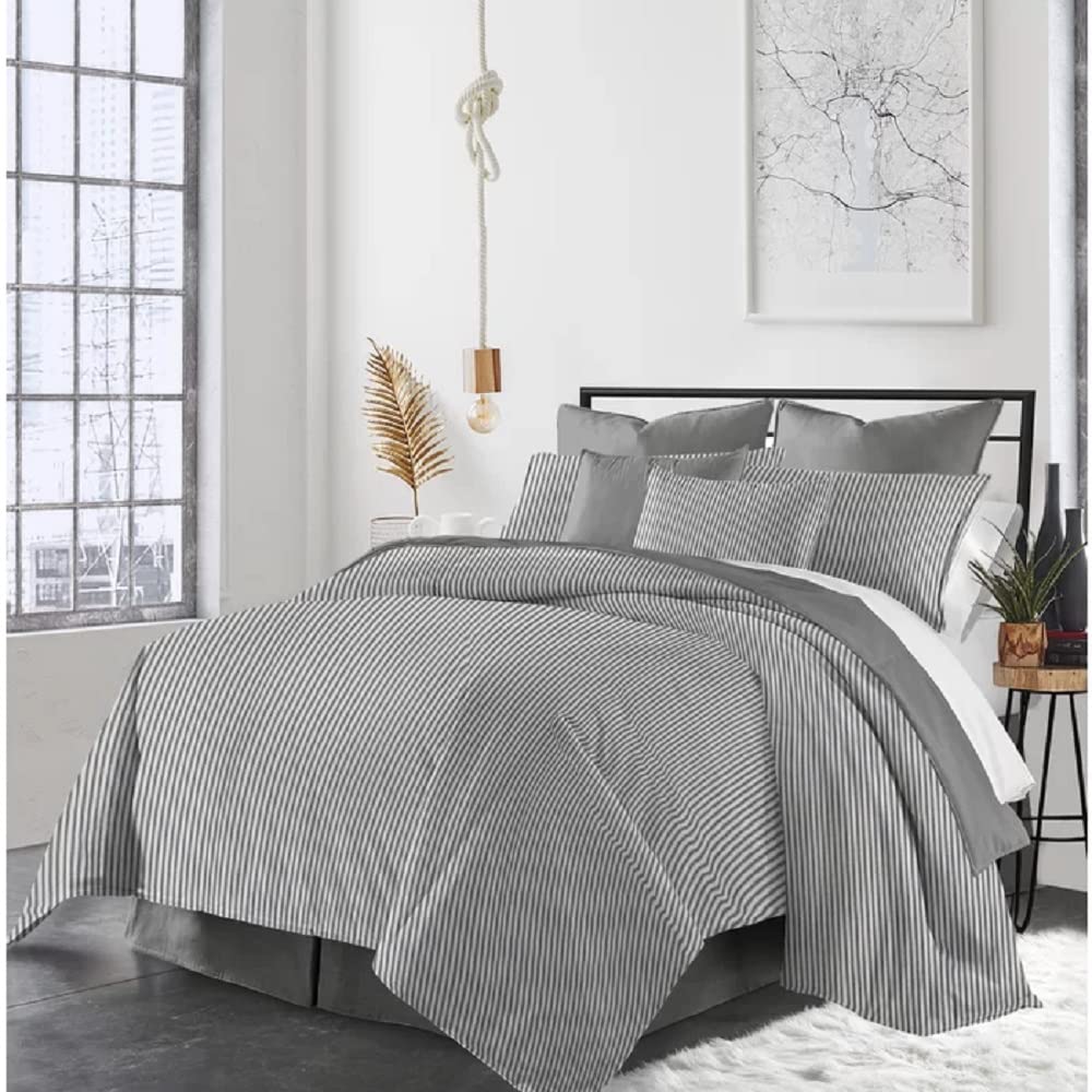 5 Piece Super King Size 100% Cotton Comforter, Stripped Design Classic Simplicity Clean Sophisticated Pattern | All Season White Bedding Extra Soft Ultra Plush Durable Comfy Pretty Gray Silver Shade