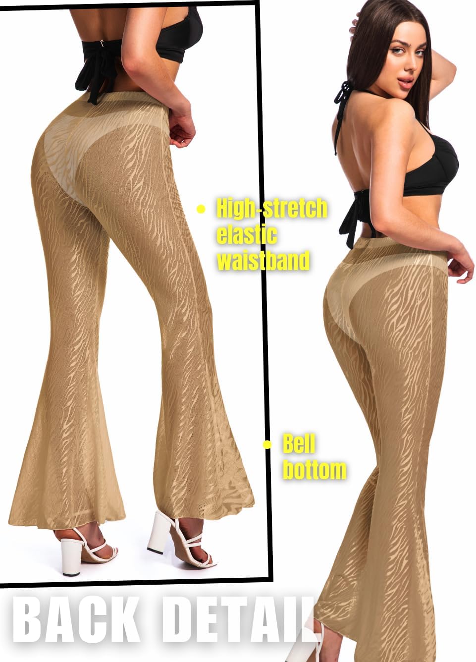 Women Sexy Mesh Flare Pants, Sheer See Through Bell Bottom Leggings, Beach Bathing Suit Cover Up Festival Rave Outfit - Image 3