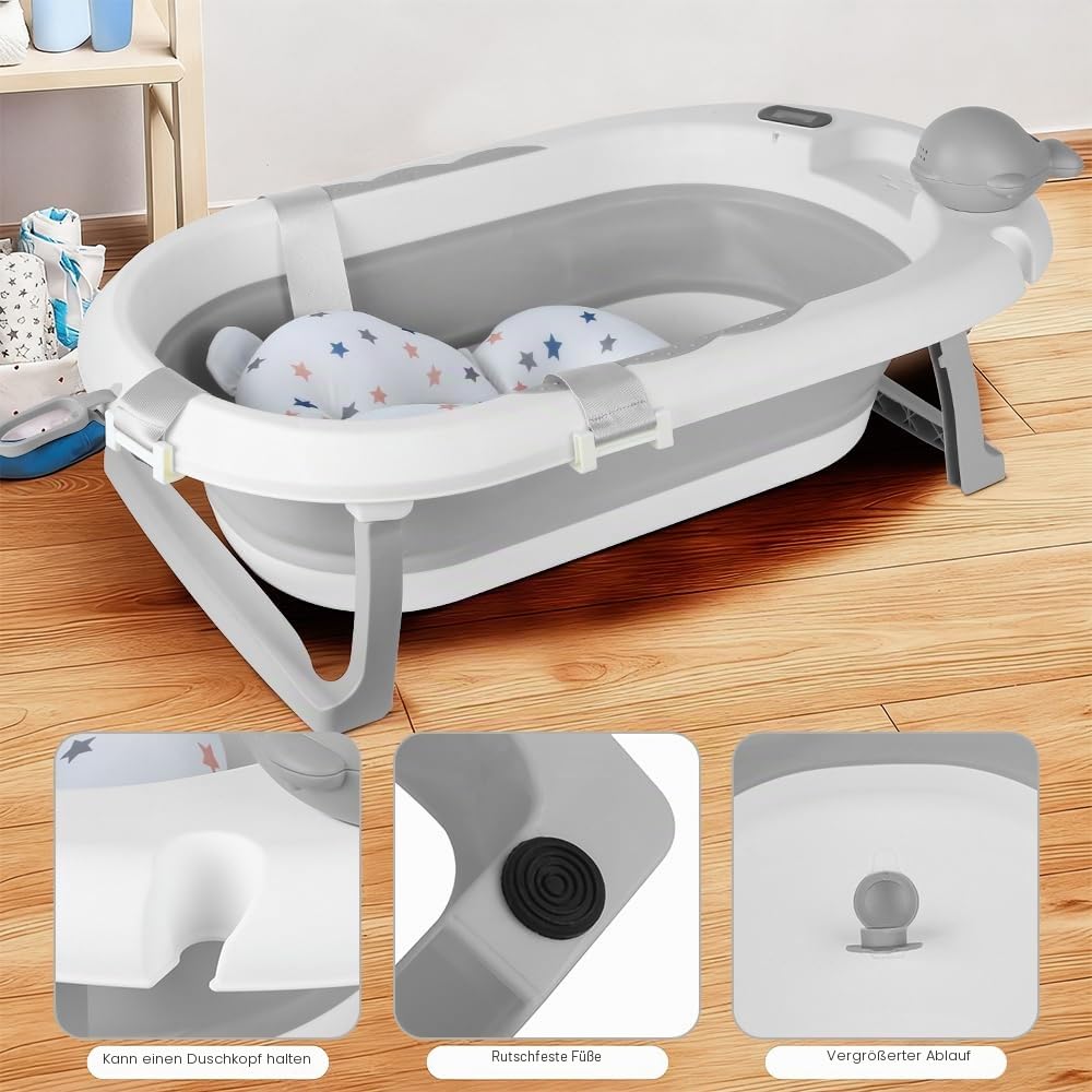 Faltbare Babybadewanne mit Standfuß – Große Badewanne XL mit Ständer/Sitz und Drainage-Set – Babywanne von Geburt bis 3 Jahre – Babygeschenk – (Stil 5) 81,5 x 48 x 21 cm – Grau