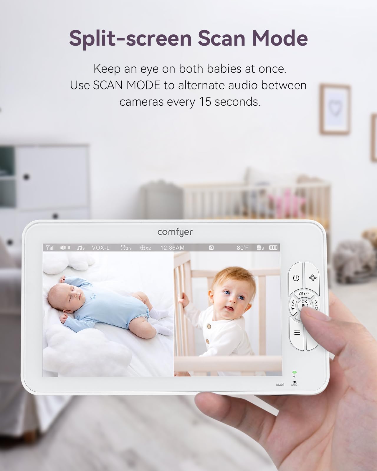 Comfyer BM01 7" Split-Screen Baby Monitor with 2 1080P Cameras, 720P HD No WiFi Monitor with a Flexible Bracket - Image 2