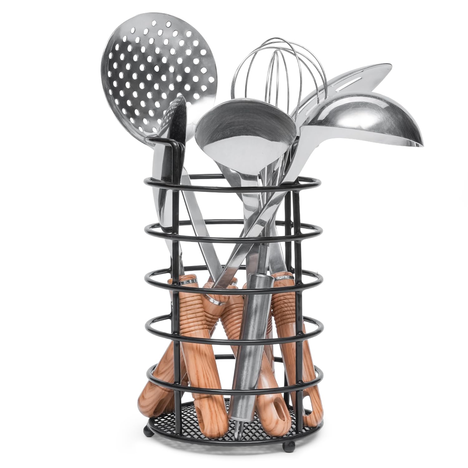 Besto Black Utensil Holder For Kitchen | Coated Steel Cooking Utensil Storer| Steel Mesh Basket Cutlery Rack For Kitchen Forks, Knives, & Spoons