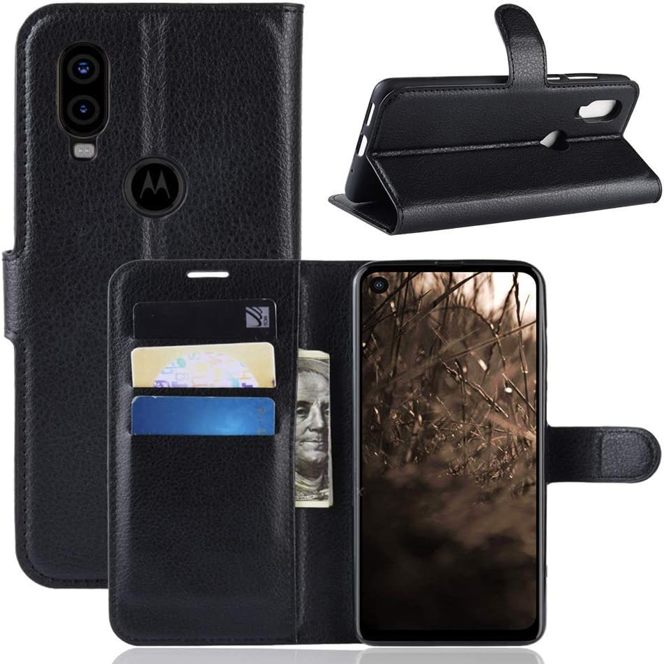 Fertuo Moto One Vision Case, Premium Leather Wallet Case Flip Folio Cover with Silicone Bumper [Kickstand] [Card Holder] [Magnetic Buckle] Bookcase Skin for Motorola Moto One Vision, Black