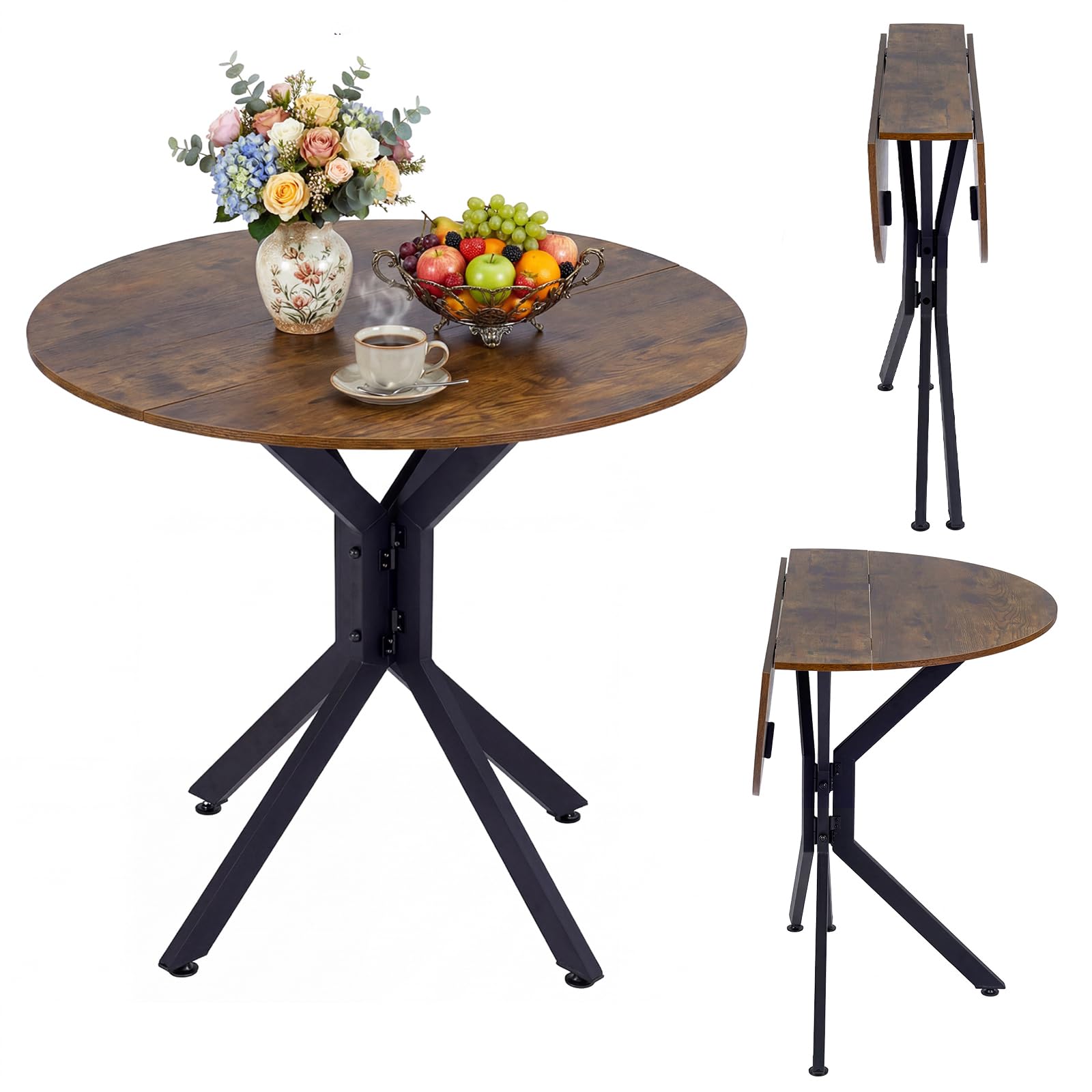 TANGZON 80 cm Drop Leaf Dining Table, Round Folding Kitchen Table for 2-4 (Rustic Brown)