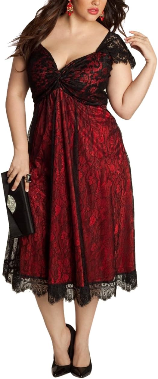 WANTU Womens Gothic V-neck Empire Waist Lace Party Midi Dress (US 22-24, red)