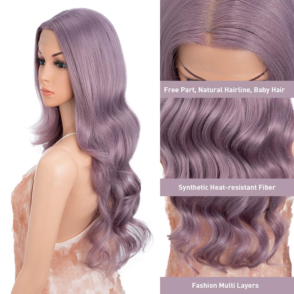 Style Icon 13x4 Lace Frontal Wig 26 inch Long Body Wavy Wig Pale Purple Synthetic Lace Front Wigs for Women Free Part Wig 150% Density - Image 2