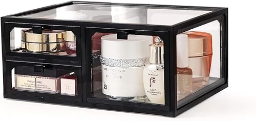 Miniatura 6 de MOOCHI Organizador de maquillaje cosmético de vidrio vintage negro con 3 cajones, juego de polvo impermeable para cosméticos, vitrina de