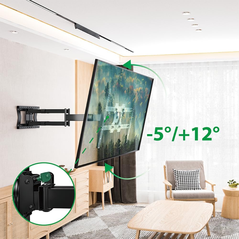 Illustration of the tilt adjustment range (-5° to +12°) of the TV wall mount, with a close-up of the tilt mechanism