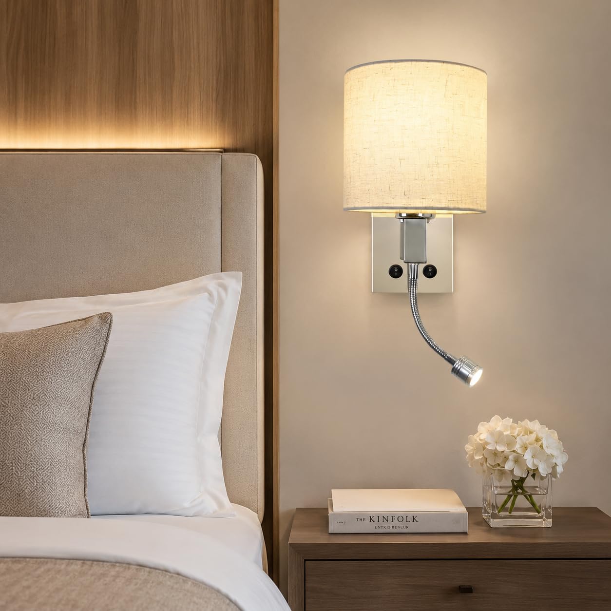 ZMH Applique murale LED pivotant 360° Lampe de lecture avec interrupteur E27 Abat-jour en tissu Éclairage moderne salon