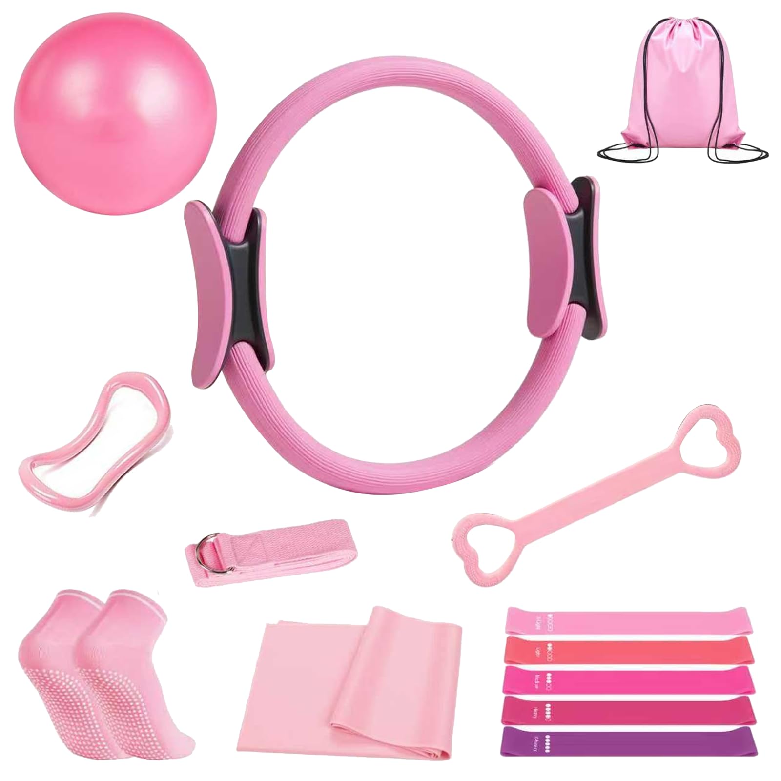 Kit Pilates, Anneau Pilates, Ensemble Fitness 13 Pièces avec Surface Texturée Anti-Dérapante, Incluant Ballon d'exercice Et 5 Bandes De Résistance, pour Entraînement Maison, Séance Studio