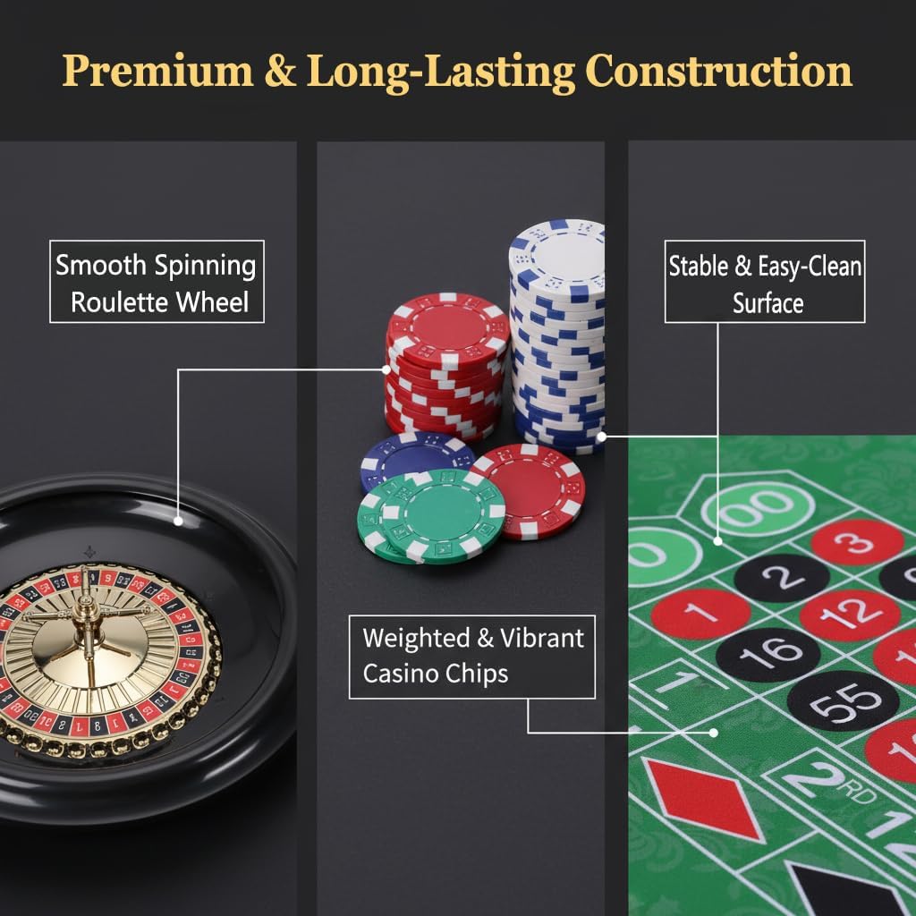 DAYUMKOU Roulette Wheel Set Includes 16'' Roulette Wheel, 200 Casino Chips, Green Roulette Mat, Chip Racks, Dealer Button, Marker Stick, Balls for Casino Game Night Party