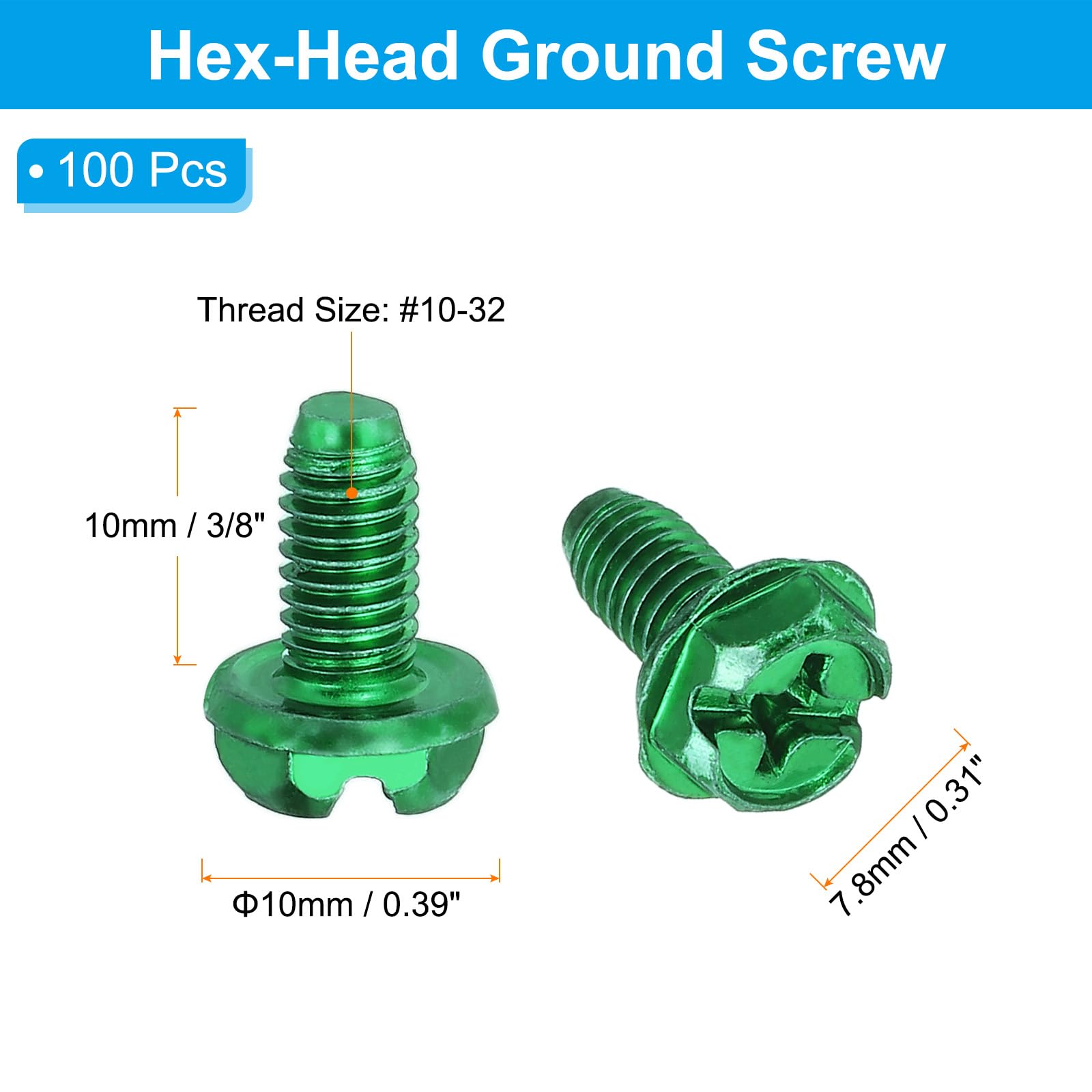 PATIKIL 10-32 x 3/8 Inch Hex Washer Head Grounding Screws - Image 2