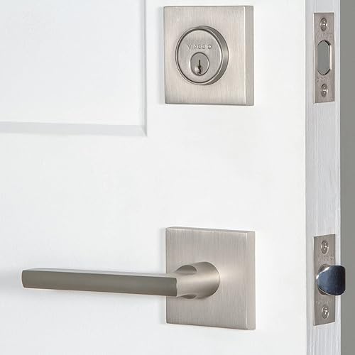 Miniatura 3 de Viaggio 629968 Quadrato Rosette 2-38" Backset with Milano Lever and Matching Deadbolt in Bright Chrome Entry Set