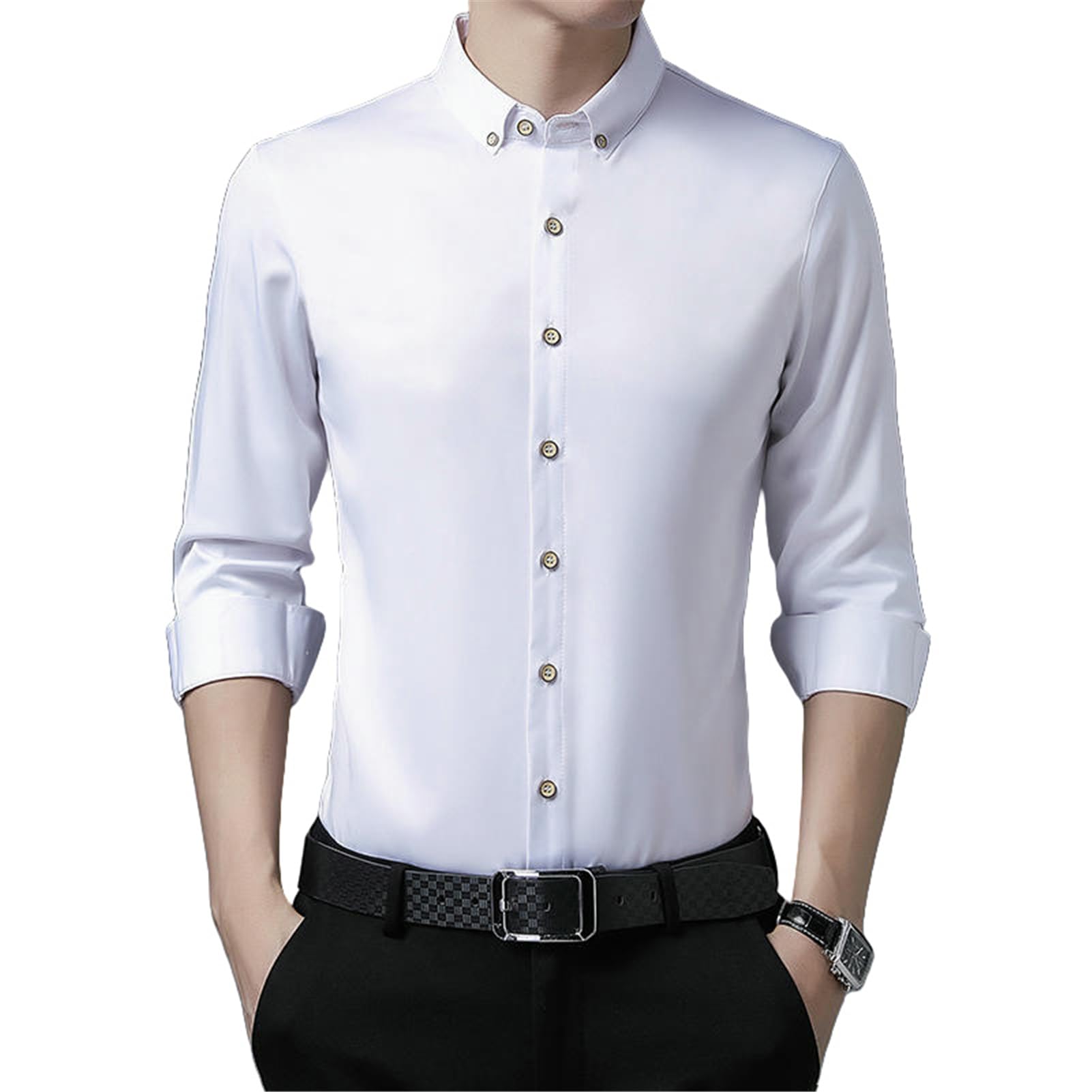 Camisa de manga larga para hombre, para primavera y otoño, color liso, informal, de negocios, a la moda