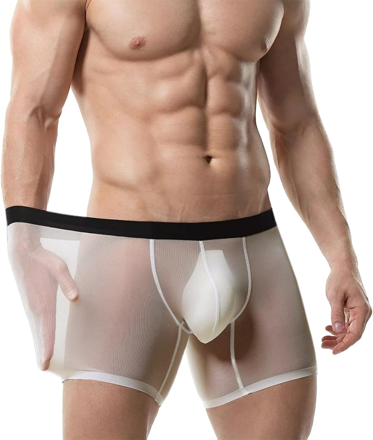 Mens See Through Underwear Mesh Ice Silk Boxers Transparent Briefs | Sexy Pouch Underpants, Extended Anti Crotch Shorts