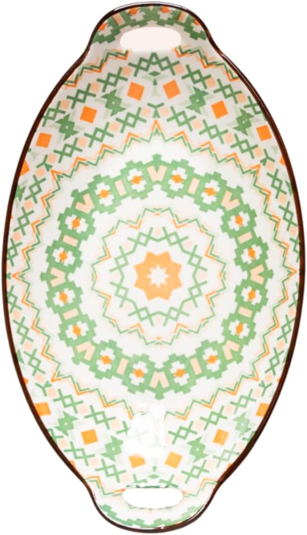 Nestasia Green Criss-Cross Ceramic Long Dish with Handles for Serving Snacks, Appetizers, Salads, and Noodles| Microwave Safe, Dishwasher Safe (10.8 Inch)