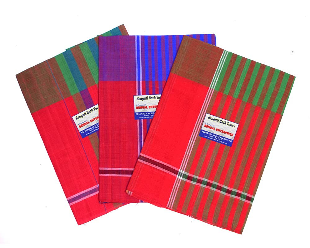 BENGAL ENTERPRISE Cotton Gamcha for Bath Soft Bengali Bath Towel from Beldanga Multicolour XXL Large (Set of 3)-image-28