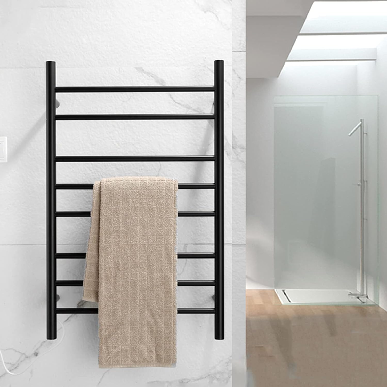 Towel Warmer Drying Rack Matte Black Electric Heated Towel Rack 8 Bar Wall Mounted 304 Stainless Steel Constant Temperature Heated Towel Rail for Bathroom (Plug in)