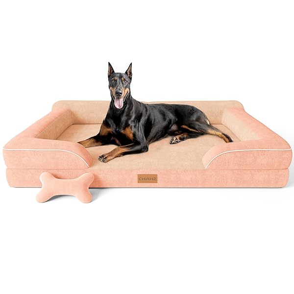 CWAWZ XXL Dog Bed for Extra Large Dogs, Giant Orthopedic Dog Bed with Cooling Gel Memory Foam, Waterproof Pet Bed with Removable Washable Cover, 53" Pet Sofa bed Dutch Velvet with Bone Toy, Peach Pink
