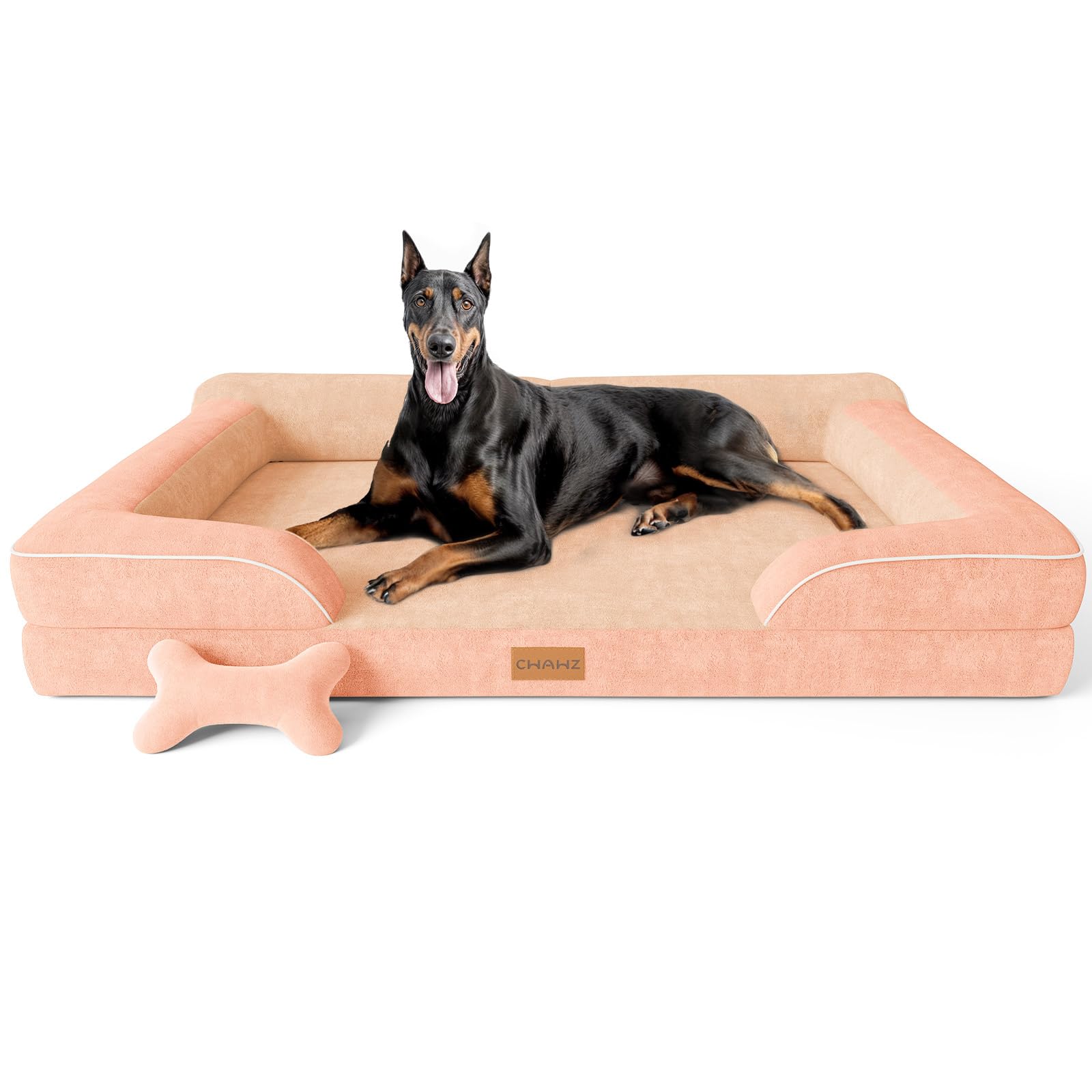 CWAWZ XXL Dog Bed for Extra Large Dogs, Giant Orthopedic Dog Bed with Cooling Gel Memory Foam, Waterproof Pet Bed with Removable Washable Cover, 53" Pet Sofa bed Dutch Velvet with Bone Toy, Peach Pink