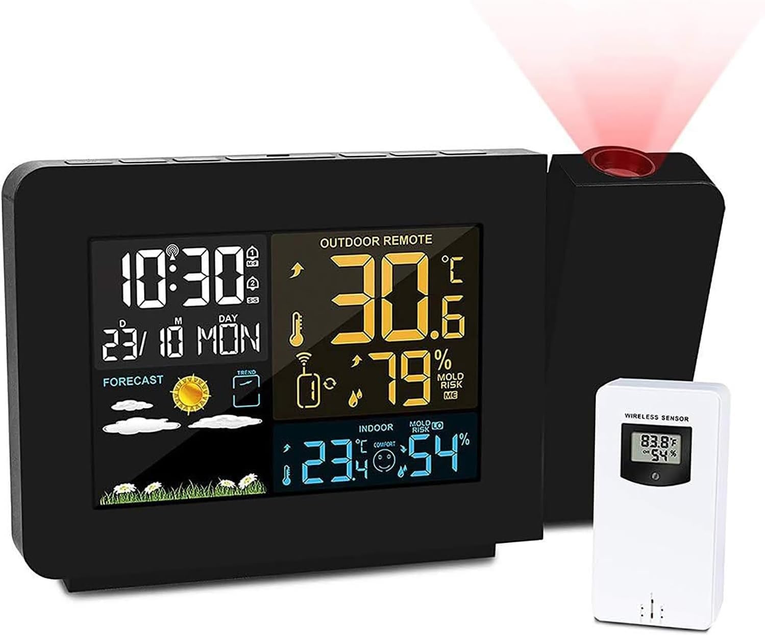 Sveglia Con Proiezione - Proiettore Orologio Digitale A Soffitto - Con Display Della Temperatura Interna/esterna - Doppia Sveglia - Retroilluminazione A Colori - Previsioni Meteo