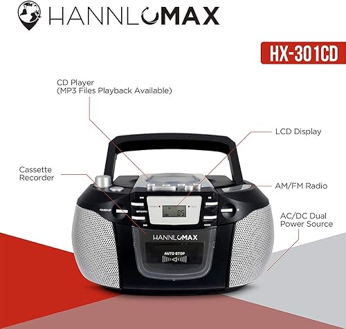 Miniatura 4 de HANNLOMAX HX-301CD CDMP3 Boombox, radio AMFM, grabadora de cassette, grabaciones de CD o radio, conector para auriculares, pantalla LCD, fuente de