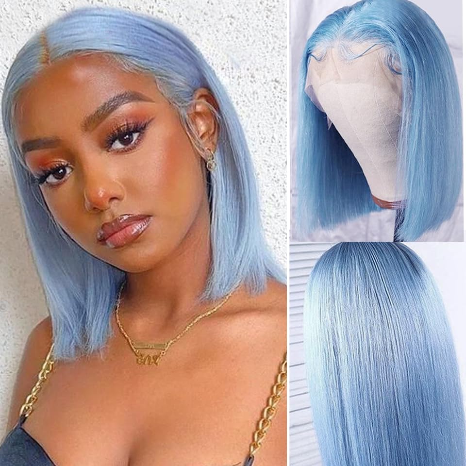 Cheap 13x4 HD Transparent Pre Plucked Blunt Cut Sky Blue Bob Wig Human Hair Lace Front Wigs with Baby Hair Natural Hairline 100% Unprocessed Human
