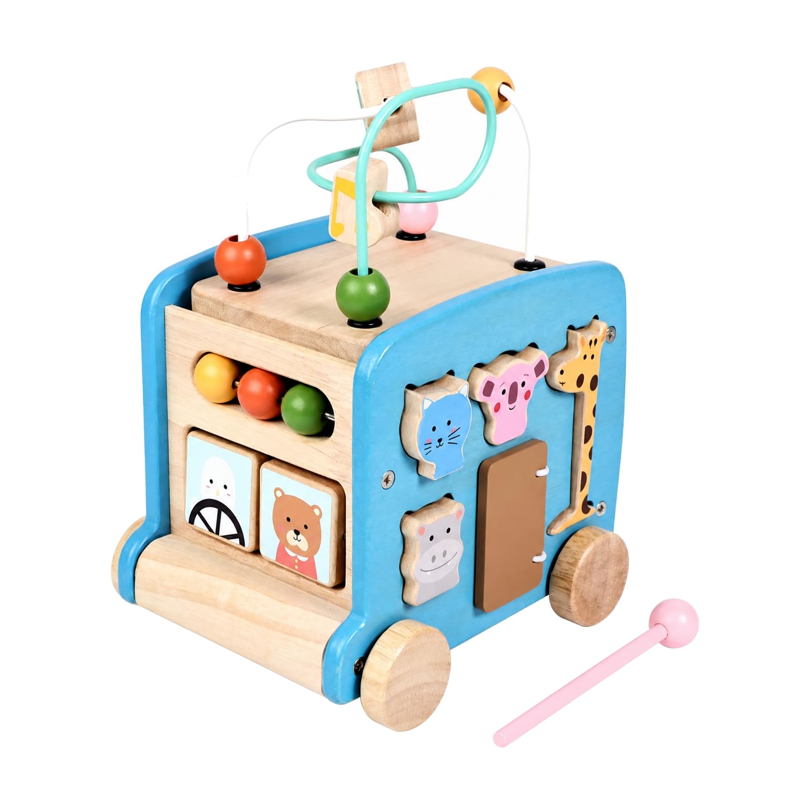 kowaku J Multifonction en Bois D'apprentisge Précoce Coloré Véhicule'activités Labyrinthe Perles Non Toxique pr Jeunes Enfants, Bébés, Bleu