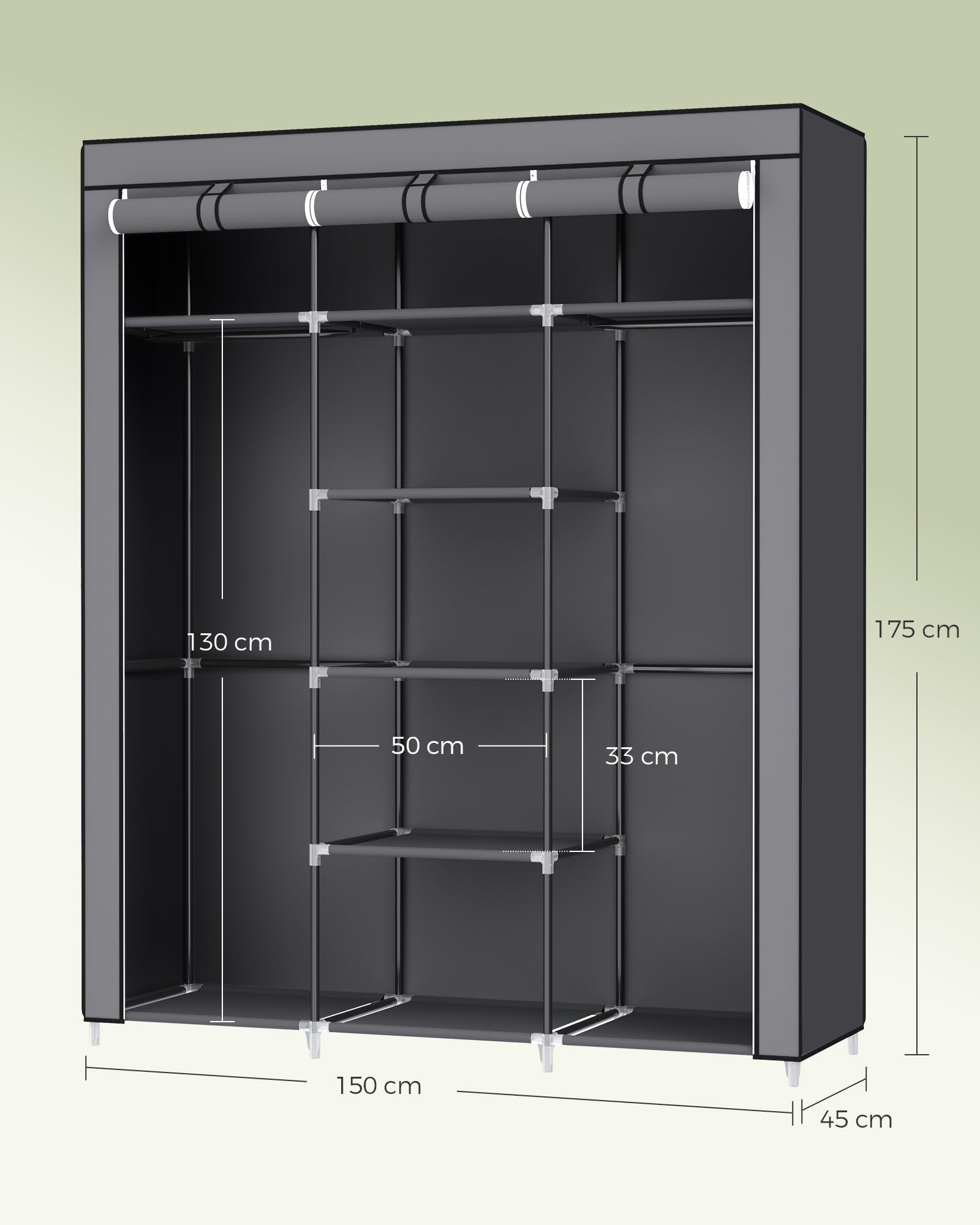 Songmics RYG12G Armoire de rangement en toile Gris 175 x 150 x 45 cm, tissu non tissé 95 g/m², tube métallique de 16 mm, connecteurs en plastique, 150 x 45 x 175 cm (L x W x H)