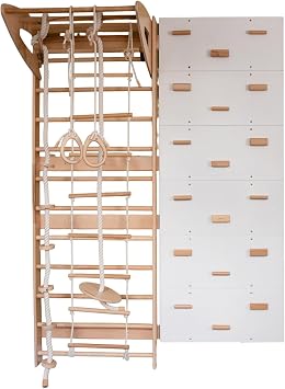 Woodandhearts Adjustable Swedish Ladder Wall Gym - 6in1 Gym Set with 6 Climbing Wall Panels, Gymnastics Rings, Climbing Rope, Swing & Rope Ladder for Ages 3-16 7590 Inch, Snow White + Natural Wood