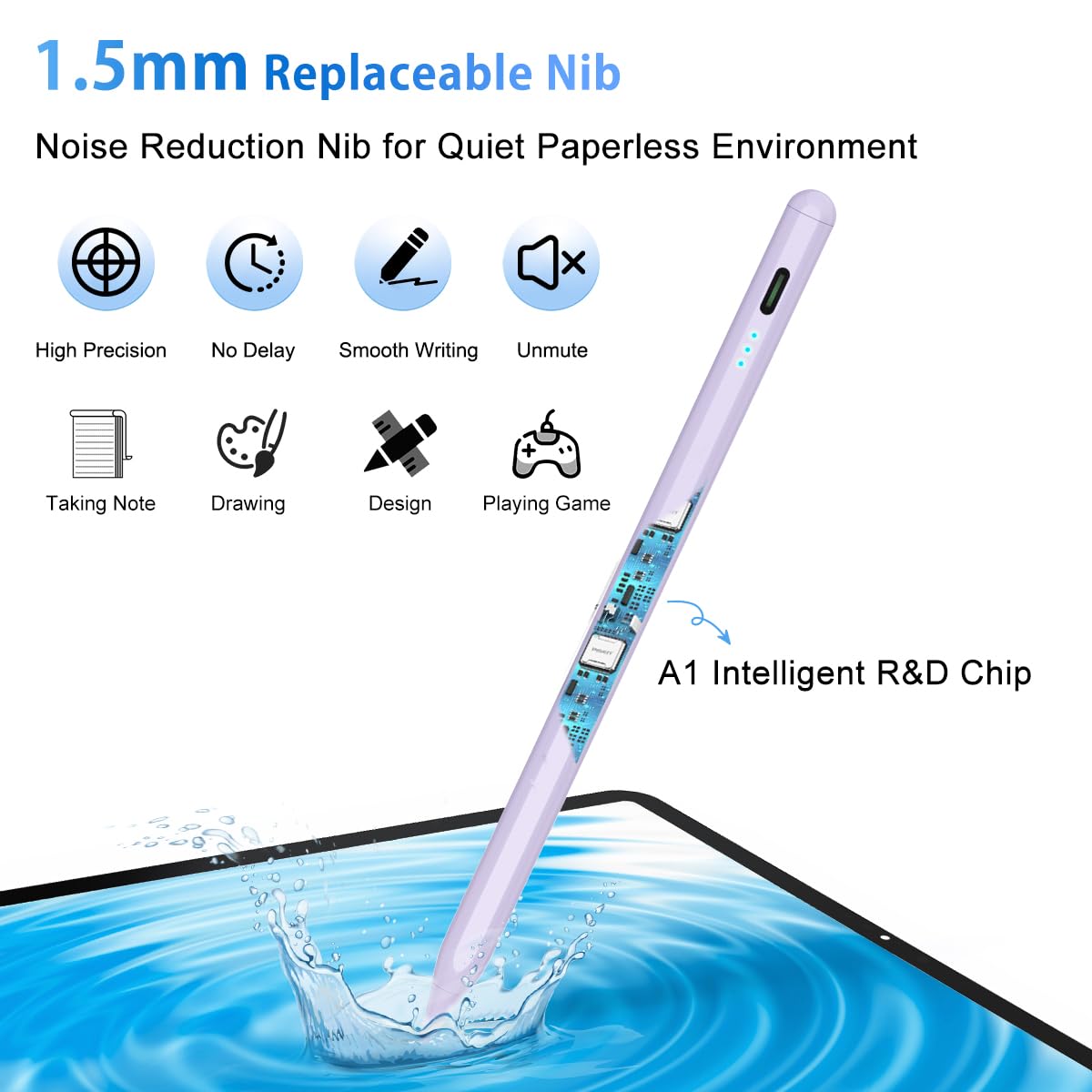 Stylus Pen for iPad, 5min Fast Charge Pencil for iPad/Pro/Air/Min 2018-2024, Pen for iPad with Tilt Sensitive& Palm Rejection& Magnetic for Professional Drawing, Writing, Working