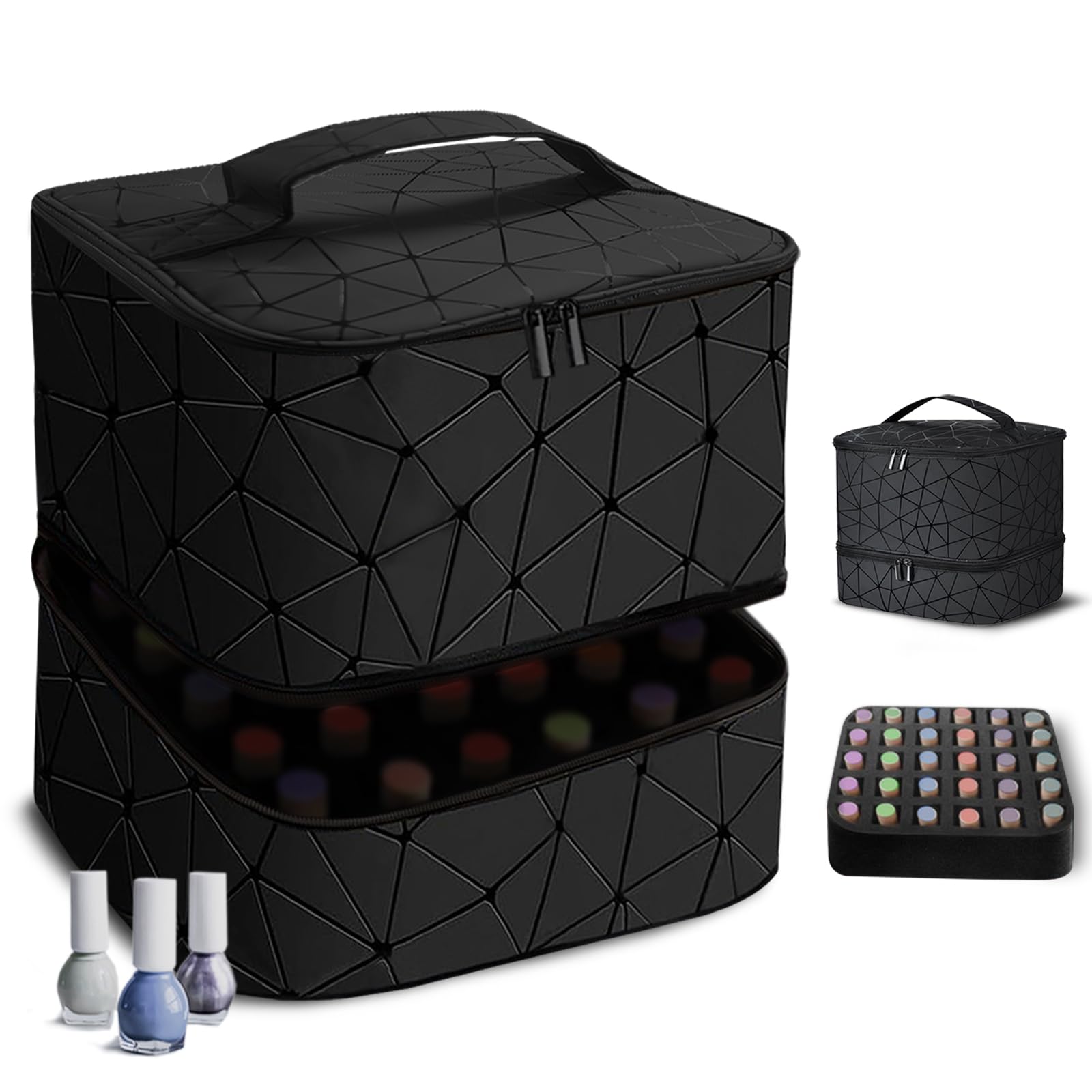 2-Layer Travel Makeup Bag,Nail Polish Organizer,Nail Tools Storage,Carry-on Only Polish Package,Waterproof,Adjustable Dividers Compartment,Holds 30 Bottles of 15ML Nail Polish