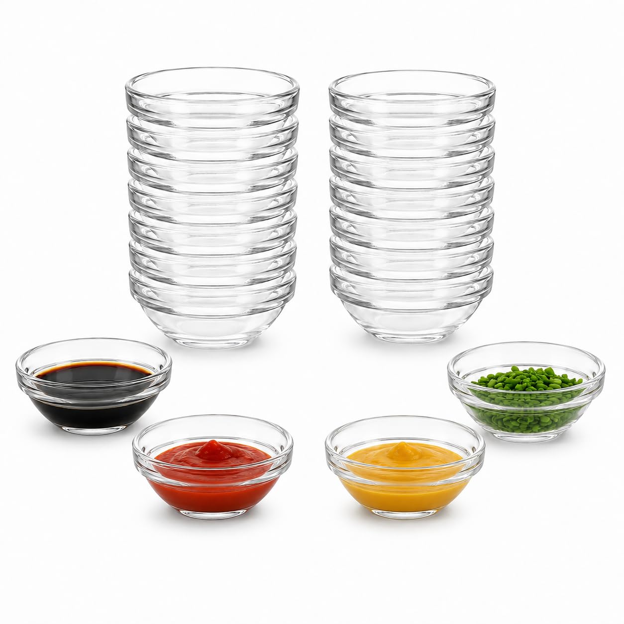 YAYODS 20 cuencos pequeños,salseras para salsas de 7.5 cm de diámetro, cuenco de cristal de 75 ml, ingredientes de cocina, mermelada, salsas, tapas, buffet