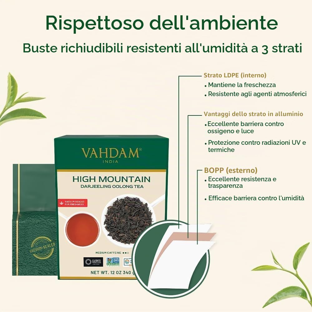 VAHDAM Tè Oolong di Alta Montagna Sfuso | 340g (170+ Tazze) | Tè Oolong Indiano di Darjeeling | Foglie Intere | Monorigine Naturale | Raccolto a Mano in Giardini di Alta Quota