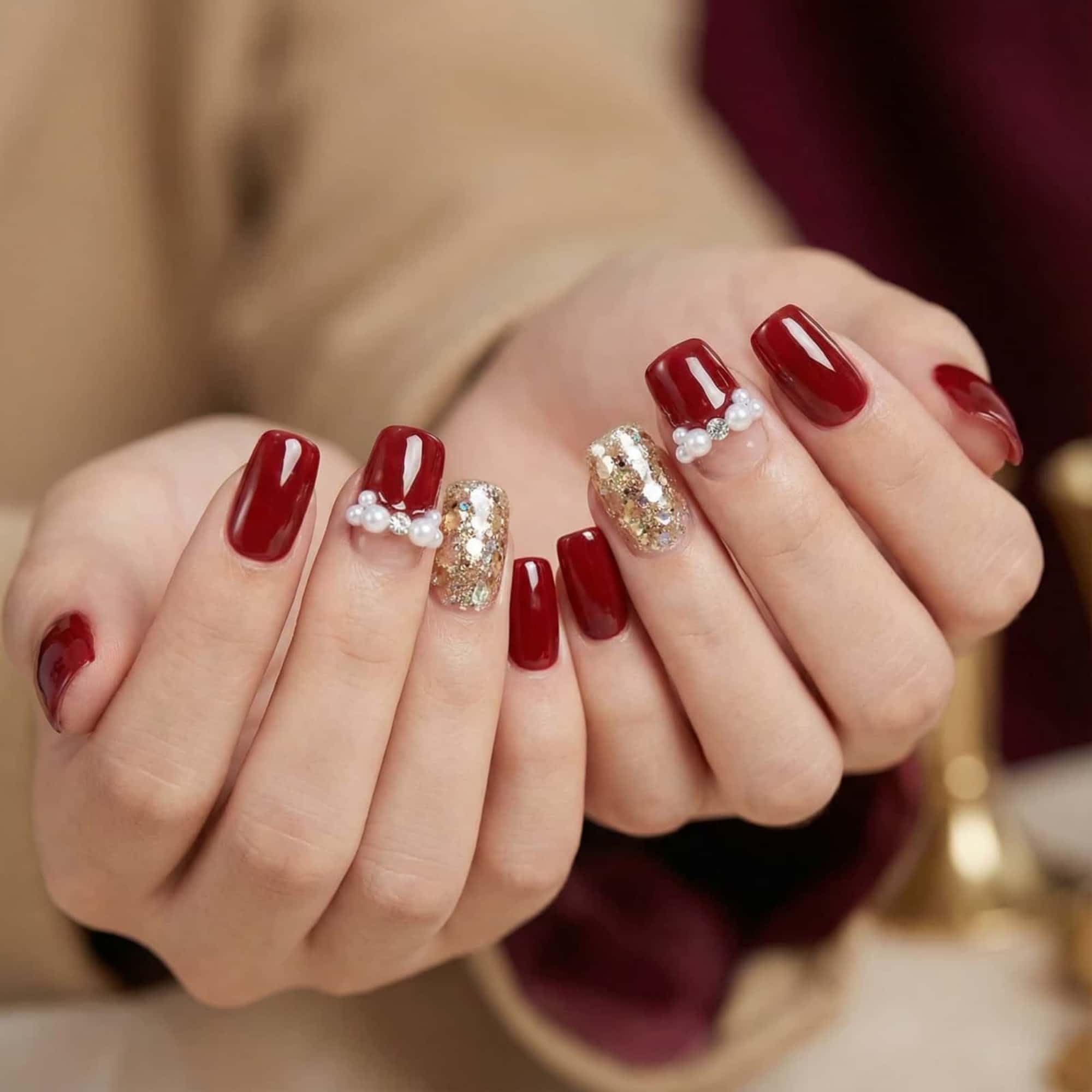 CLYHLTMZ Short Square Press on Nails,Gold Glitter,Pearl Designs 24Pcs | Easy to apply,reusable,12 Sizes - 24 Nails Kit, for Women perfect for daily wear,Work, life, party.