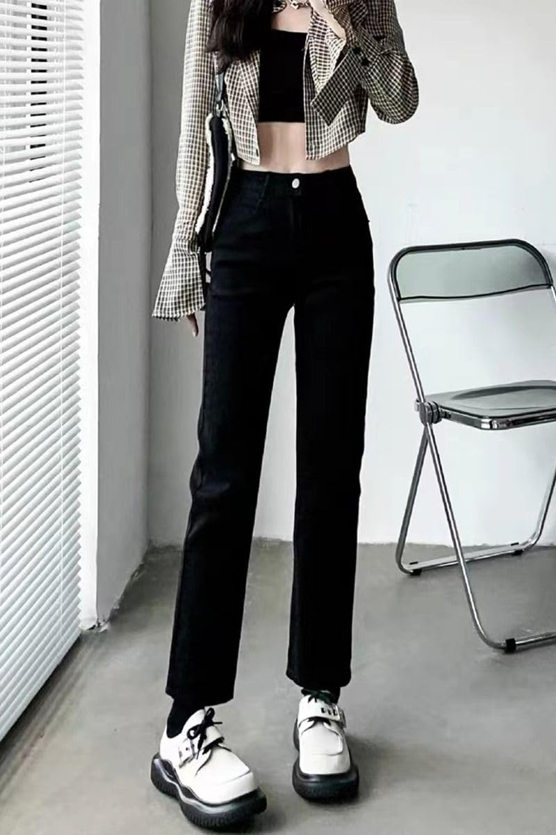 Pantalones Vaqueros Ajustados para Mujer Negro Primavera Otoño Tiro Alto Ajustados Pierna Recta Tobilleros