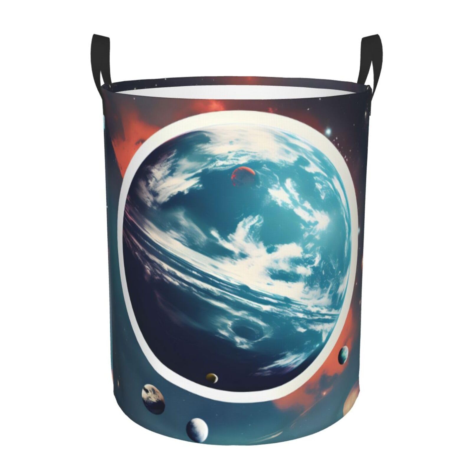 M Collapsible Laundry Hamper Round Space Planet Earth Print Storage