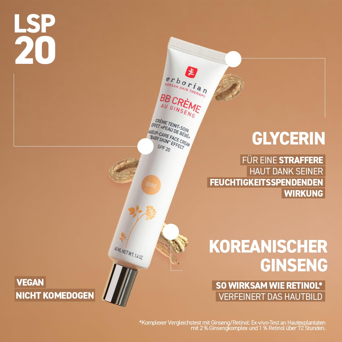Erborian BB Creme mit Ginseng - Getönte Creme - Pflege mit "Babyhaut-Effekt" - 5-in-1 koreanische Gesichtspflege mit LSF 20 - Nude - 15 ml
