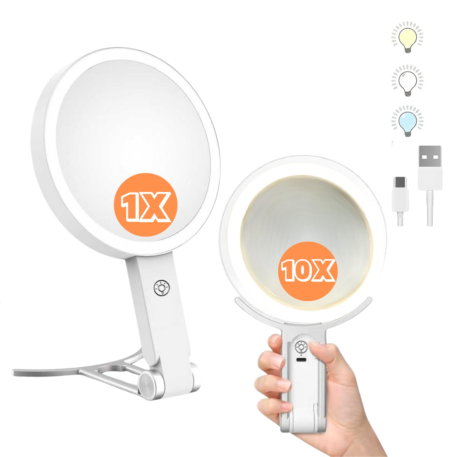 SIXHANS Lighted Makeup Mirror - 10X Magnification Double Sided Travel Mirror with 3-Color LED