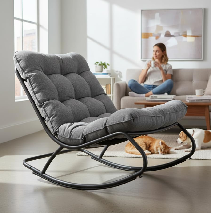 BDW Vibe ogrodowy fotel bujany, czarny/szary, stalowy stelaż z poduszkami, 71 x 73,5 x 115,5 cm, nowoczesny, do użytku na zewnątrz, do 150 kg