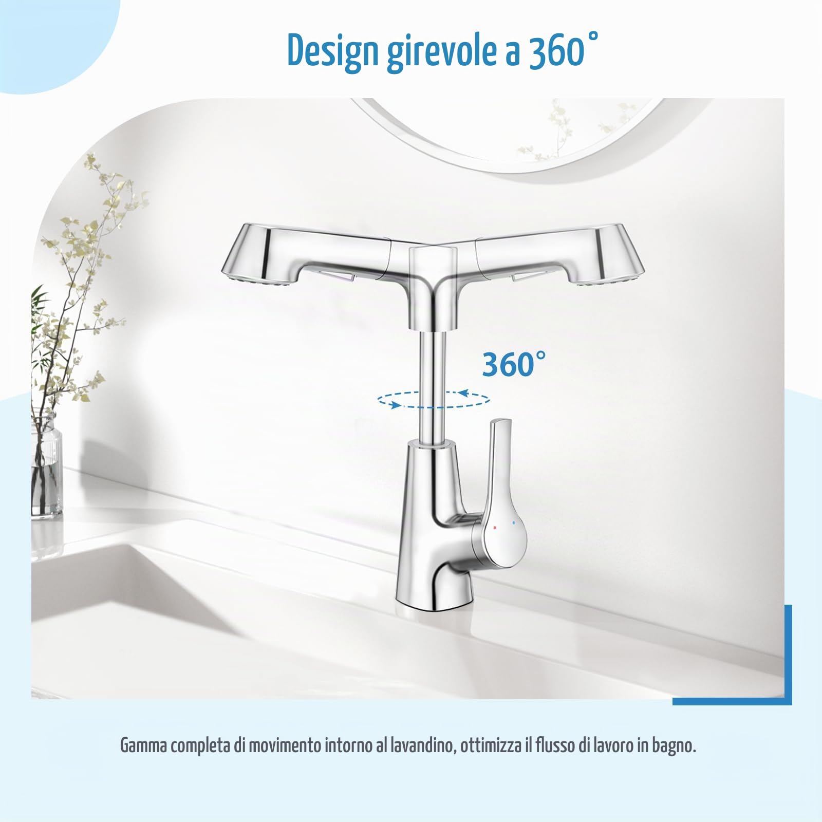 Rubinetto per Lavabo da Bagno Miscelatore monocomando con Regolazione in altezza ed estraibile, cromato lucido