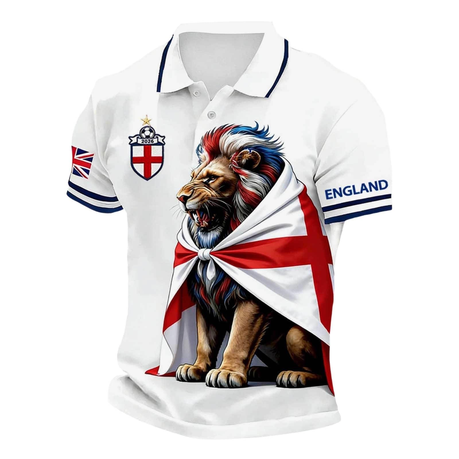 England's World Cup Shirts Short Sleeve Lion Print Polo Shirt Casual Stretch National Flag Print Sport Top for Men Adult Loose Fit Football Jersey for Fans Khaki S